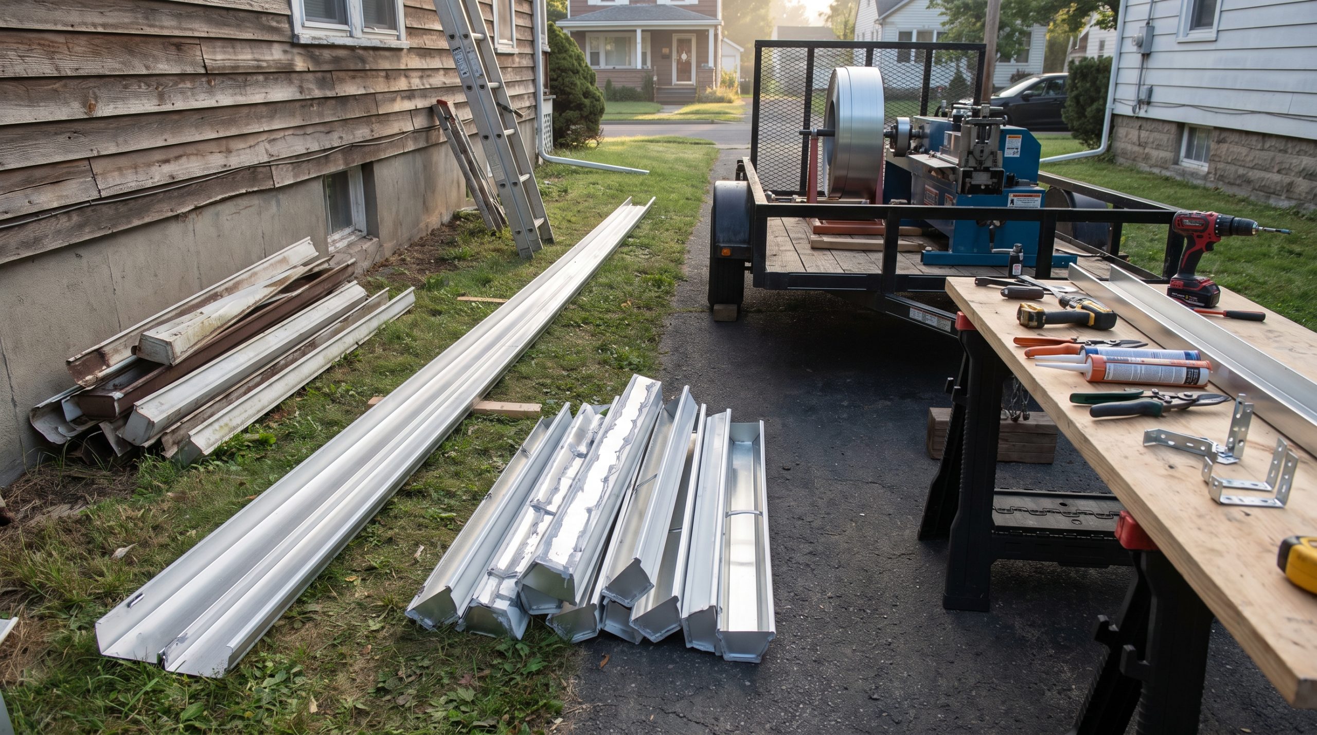 Installation replacement — Seamless Vs. Sectional Gutters: Which Lasts Longer in Albany. Product-focused shot, medium environmental portrait at an on-site gutters environment with trade-specific tools, materials, and surroundings, soft morning light, sharp material and install details, no people.