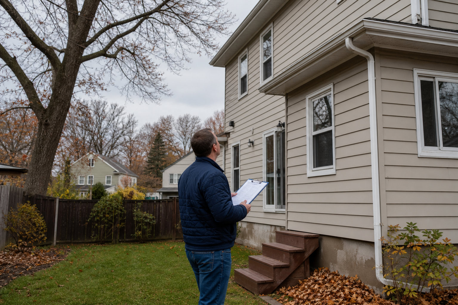 How to Create Your Gutter Maintenance Plan — homeowner standing in backyard in late autumn, looking up at gutters on two-story house, bare maple trees visible, clipboard in hand, suburban Albany New York neighborhood setting