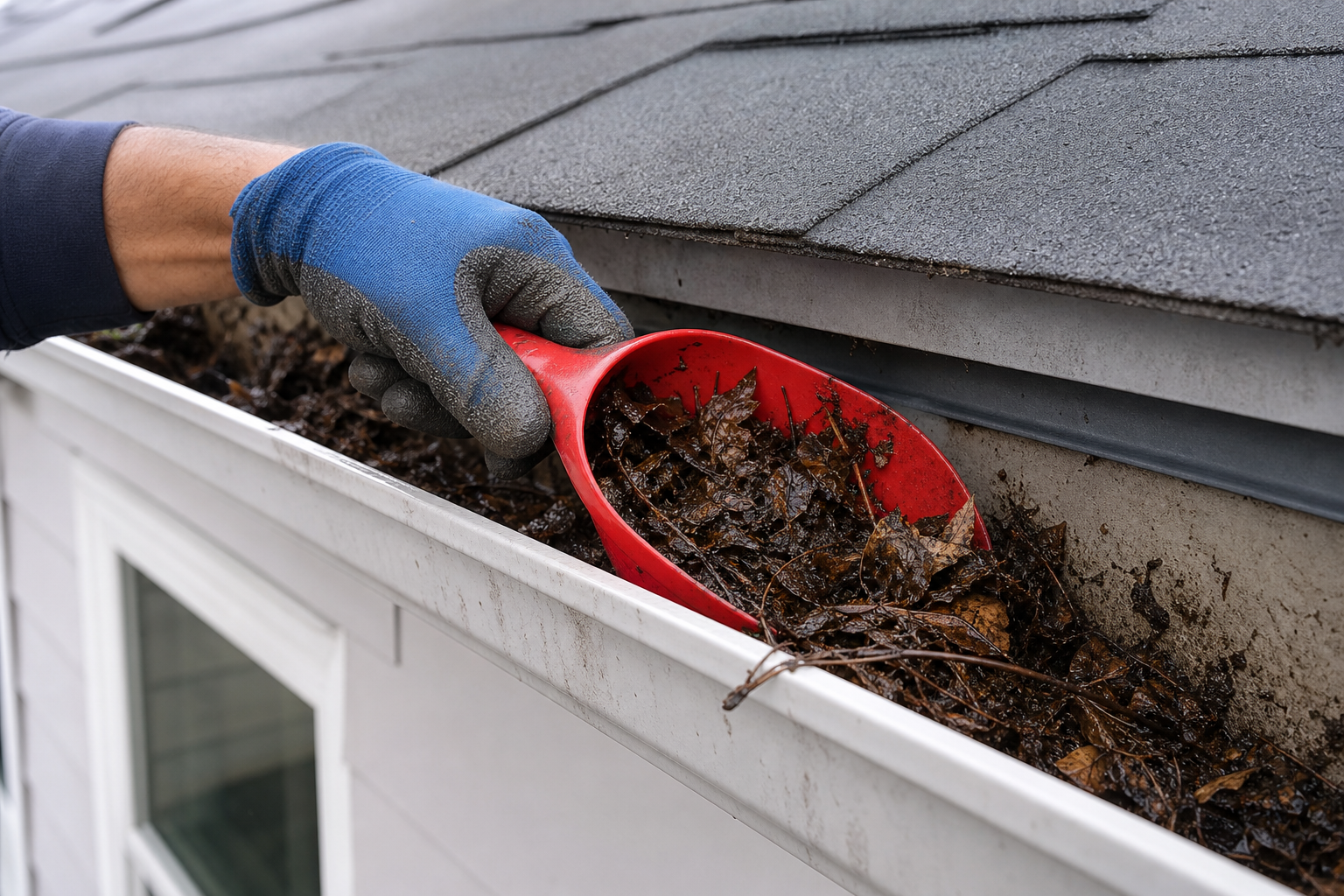 Common Gutter Cleaning Mistakes to Avoid — close-up of gloved hands scooping wet decomposed leaves from a 5-inch K-style aluminum gutter trough with a red plastic scoop, fascia board visible in background