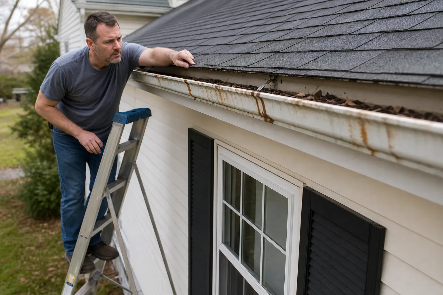 Common Mistakes That Waste Time and Money — Homeowner on a ladder closely inspecting a residential aluminum gutter channel, showing visible rust streaks, debris accumulation, and a loose hanger bracket along a wood fascia board
