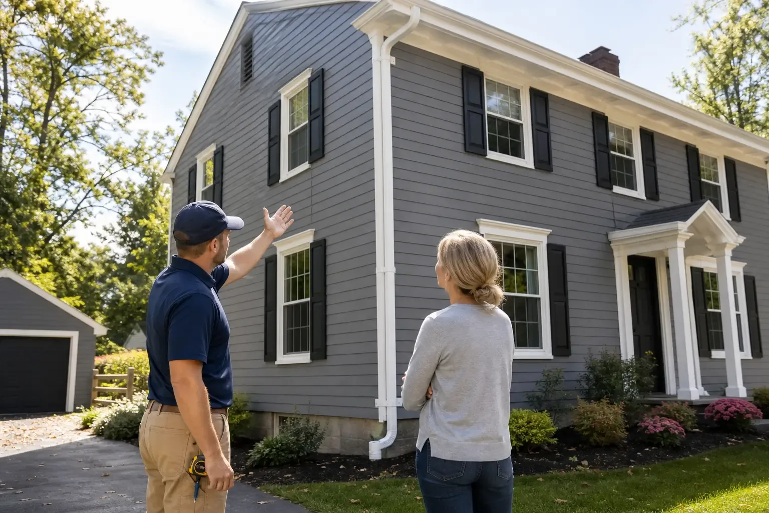 Downspout Sizing: Capacity, Pitch, and Flow Rate Calculations — homeowner standing on a residential driveway in Saratoga Springs NY, looking up at freshly installed aluminum downspouts on a two-story Colonial home, afternoon light, green lawn visible